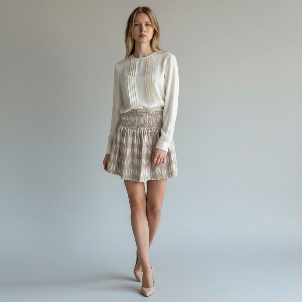 J.Marie Tan Ivory Skort Stretchy Smocked Waist Cottagecore Coastal Boho Preppy